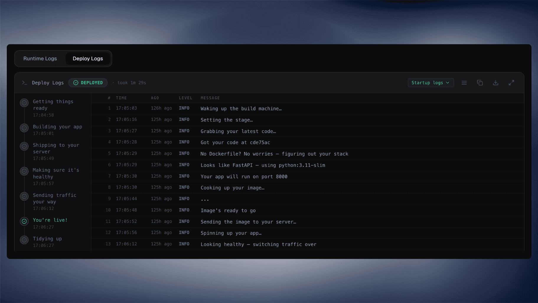 Symplax deploy logs screenshot